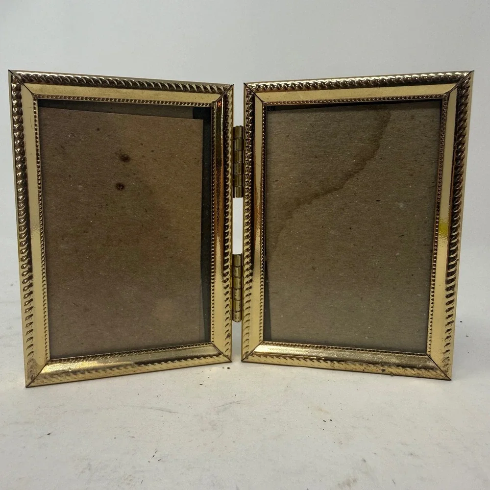 Vintage Gold Tone Metal Double Folding Picture Frame Hinged Bifold 2.5x3.5